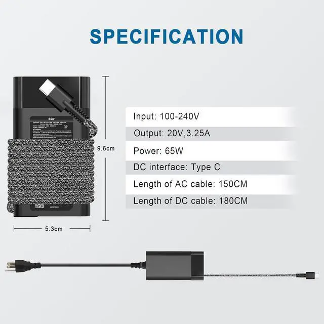 Alt view image 2 of 7 - 65W 45W USB C Laptop Charger for HP Spectre x360, Chromebook X360, Envy, Elitebook x360, Pavilion, Elite x2,Type C Charger