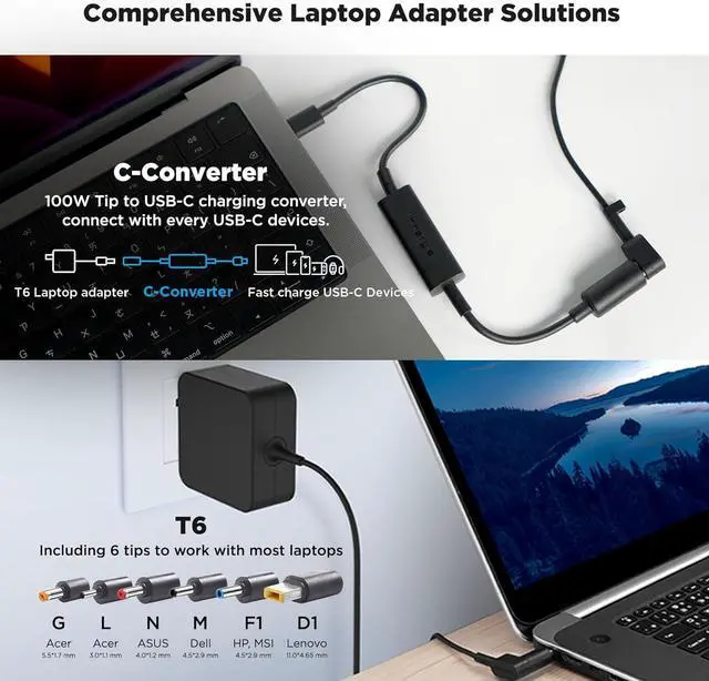 Alt view image 4 of 7 - Innergie T6 65W Universal Laptop Charger Power Adapter with 100W C-Converter Cable - Compatible with Most Laptop Brands and USB-C Devices. (Delta Electronics)