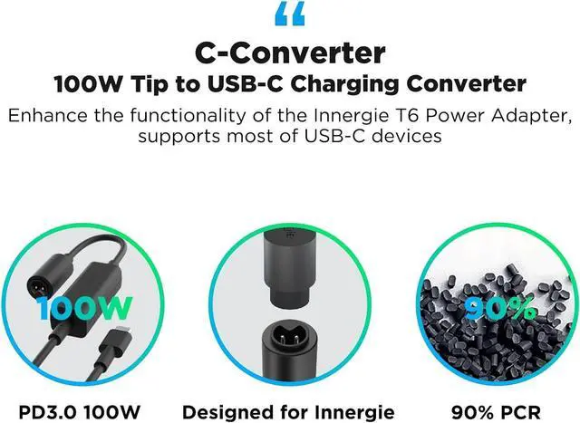 Alt view image 5 of 7 - Innergie T6 65W Universal Laptop Charger Power Adapter with 100W C-Converter Cable - Compatible with Most Laptop Brands and USB-C Devices. (Delta Electronics)