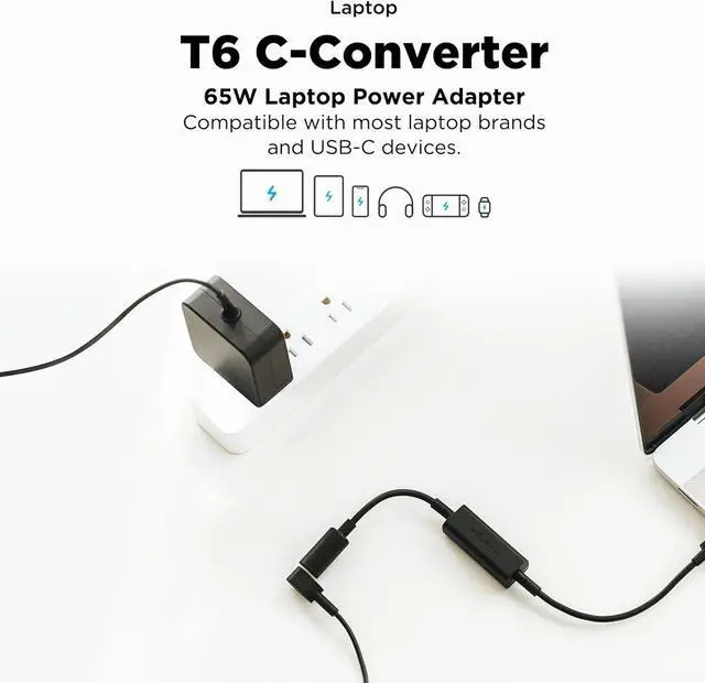 Alt view image 2 of 7 - Innergie T6 65W Universal Laptop Charger Power Adapter with 100W C-Converter Cable - Compatible with Most Laptop Brands and USB-C Devices. (Delta Electronics)