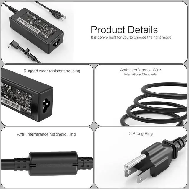 Alt view image 3 of 7 - 45W Charger for Acer Aspire 3 A315-23 A315-24P A315-35 A315-34 A315-58 A315-58G A315-57G A315-44P A315-24 A315-59 A315-51P A315-23G A315-33 A314-22G A314-35 A317-53 A317-54 A317-55P Laptop Charger