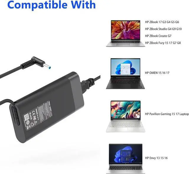 Alt view image 7 of 7 - 200W Laptop Charger Compatible with HP Omen 15 17 Victus Pavilion Gaming Laptop 15 17 Zbook 17 G5 G6 Fury G10 G9 Create G7 Studio G10 G9 TPN-DA10 L00818-850 Power Supply Adapter