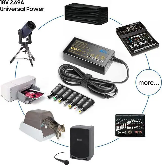 Alt view image 2 of 7 - KFD 18V Universal AC Power Charger DC 2.69A (2.5A/2A/1.5A/1A Compatible) Barrel DC Plug 5.5x2.1mm with 7 Tips 6.5x4.4mm/ 5.5x3.0mm/ 5.5x2.5mm/ 4.8x1.7mm/ 4.0x1.7mm/ 3.5x1.35mm/ 2.5x0.7mm Power Supply
