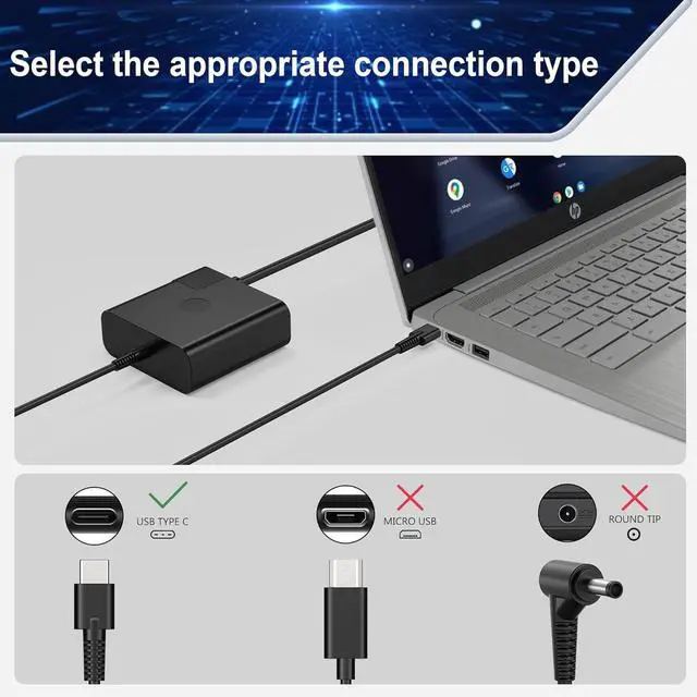 Alt view image 2 of 7 - New Slim HP 65W USB C Laptop Charger Replacement for HP Spectre X360 EliteBook Pavilion,EliteBook,Chromebook,Envy Type C Chromebook Charger Compatible with P/N 925740-002