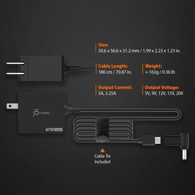 Alt view image 7 of 7 - j5create 65W GaN PD USB-C Foldable Mini Charger with HP DC Converter, Suitable for MacBook Pro/Air M2/M1, Dell XPS, HP, iPad Pro, Steam Deck, Laptops, Galaxy S22/S21/S20 (JUP1565)