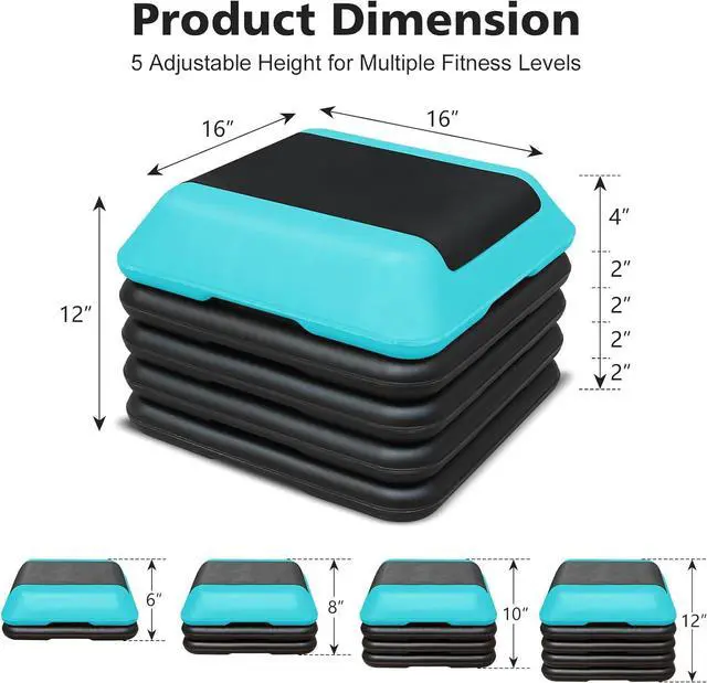 Alt view image 3 of 7 - 16"x16" Exercise Aerobic Step Platform with 4 Risers, Adjustable Height 4"-6"-8"-10"-12" Workout Stepper for Home Gym Fitness Strength & Training