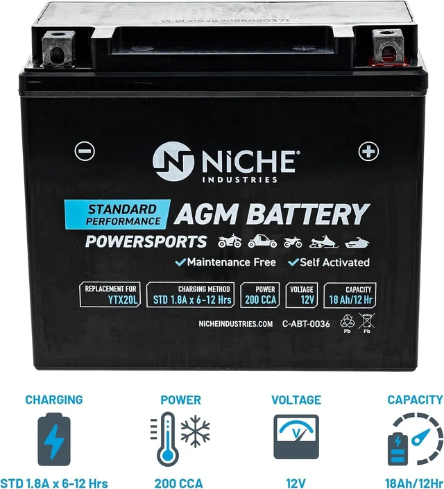 Alt view image 2 of 6 - NICHE Battery YTX20L AGM Sealed Maintenance Free 200CCA 12V 18Ah