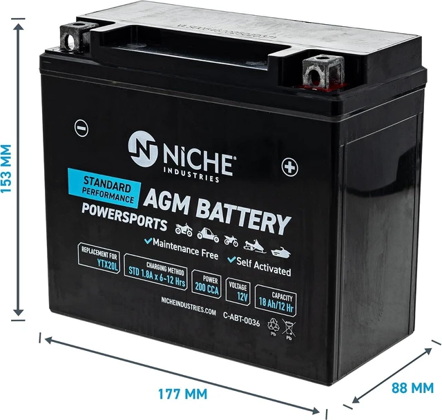 Alt view image 3 of 6 - NICHE Battery YTX20L AGM Sealed Maintenance Free 200CCA 12V 18Ah