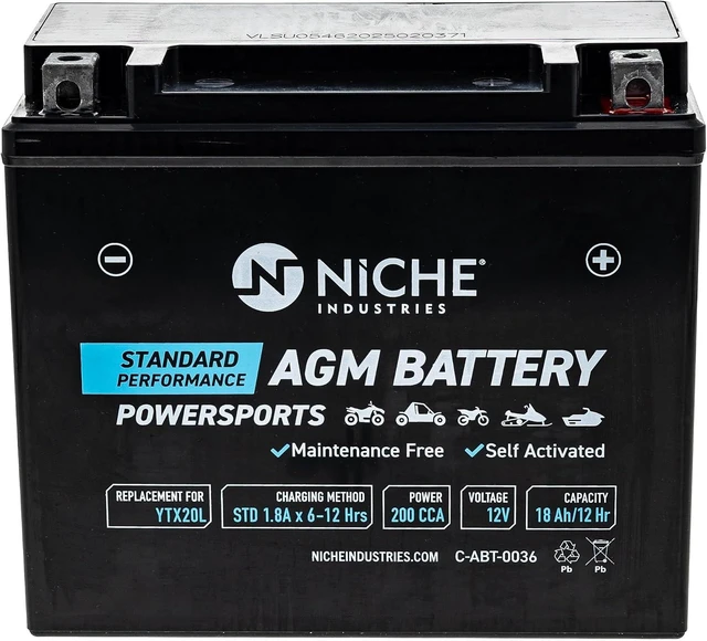 Alt view image 4 of 6 - NICHE Battery YTX20L AGM Sealed Maintenance Free 200CCA 12V 18Ah
