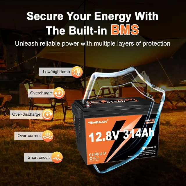 Alt view image 5 of 7 - 12V 314Ah LiFePO4 Lithium Battery with Bluetooth 200A BMS 4019.2Wh 15000+ Deep Cycle Low Temp Cut-Off Rechargeable RV Battery Perfect for Off Grid Applications Camping Boat Solar System