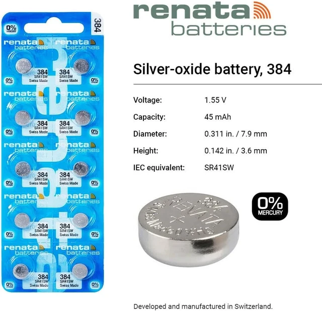 Alt view image 2 of 6 - Renata 384 SR41SW Batteries - 1.55V Silver Oxide 384 Watch Battery (10 Count)