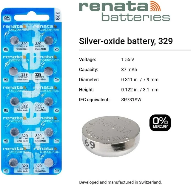 Alt view image 2 of 7 - Renata 329 SR731SW Batteries - 1.55V Silver Oxide 329 Watch Battery (10 Count)