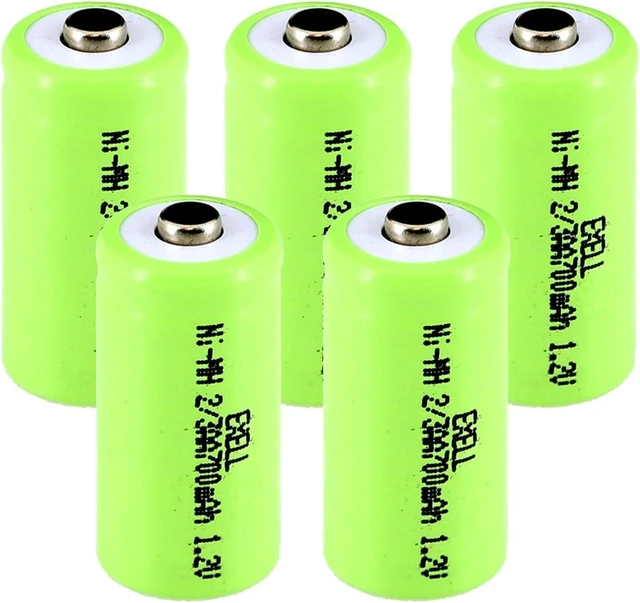 Main image of 5-Pack Exell 2/3AA 1.2V 700mAh NiMH Button Top Batteries Rechargeable
