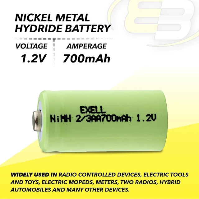 Alt view image 2 of 7 - 5-Pack Exell 2/3AA 1.2V 700mAh NiMH Button Top Batteries Rechargeable