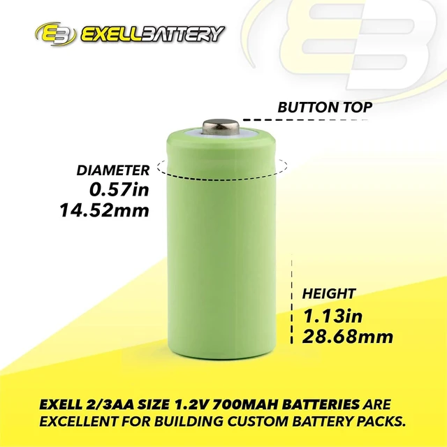 Alt view image 3 of 7 - 5-Pack Exell 2/3AA 1.2V 700mAh NiMH Button Top Batteries Rechargeable