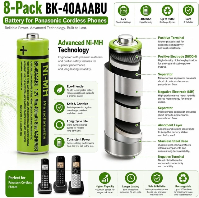 Alt view image 3 of 6 - 8 BK-40AAABU Battery for Panasonic Cordless Phone