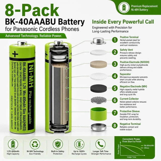 Alt view image 4 of 6 - 8 BK-40AAABU Battery for Panasonic Cordless Phone