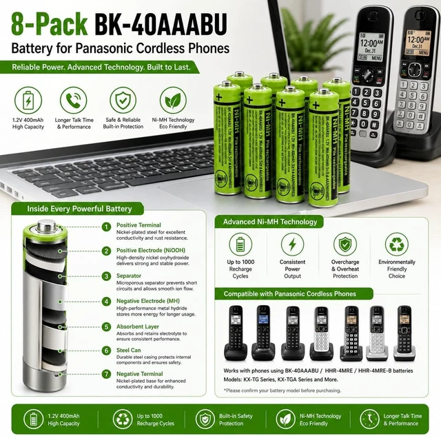 Alt view image 6 of 6 - 8 BK-40AAABU Battery for Panasonic Cordless Phone