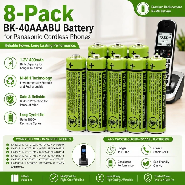 Alt view image 5 of 6 - 8 BK-40AAABU Battery for Panasonic Cordless Phone
