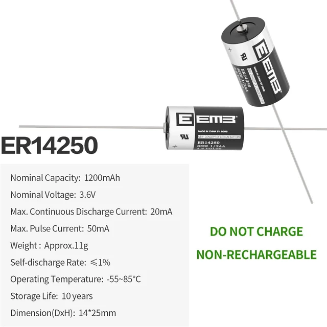 Alt view image 2 of 7 - EEMB 10Pack ER14250 1/2AA 3.6V Lithium Battery with AX Solder Tabs Li-SOCL Non-Rechargeable Battery XL-050F SB-AA02 LS14250 TL-5902 TL-2150 for Slot Machine/Game chip Board