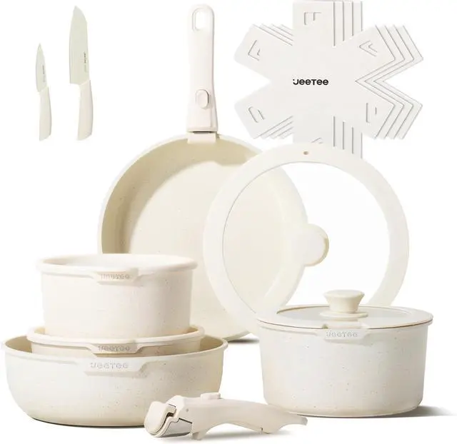 Main image of JEETEE Pots and Pans Set Non Stick 17pcs, Kitchen Cookware Sets with Detachable Handle, Induction Nonstick Cookware Set with Removable Handle, Stackable RV Cookware, Oven Safe, PFAS/PFOA Free, Beige