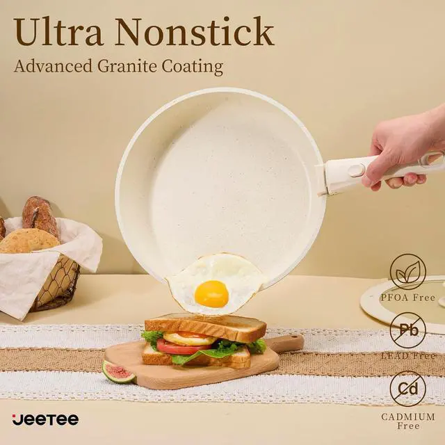 Alt view image 4 of 7 - JEETEE Pots and Pans Set Non Stick 17pcs, Kitchen Cookware Sets with Detachable Handle, Induction Nonstick Cookware Set with Removable Handle, Stackable RV Cookware, Oven Safe, PFAS/PFOA Free, Beige
