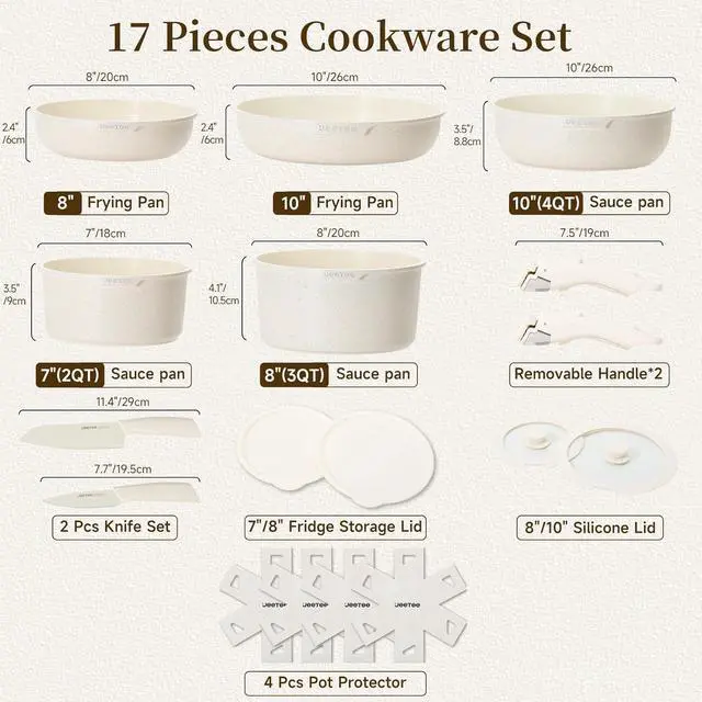 Alt view image 3 of 7 - JEETEE Pots and Pans Set Non Stick 17pcs, Kitchen Cookware Sets with Detachable Handle, Induction Nonstick Cookware Set with Removable Handle, Stackable RV Cookware, Oven Safe, PFAS/PFOA Free, Beige