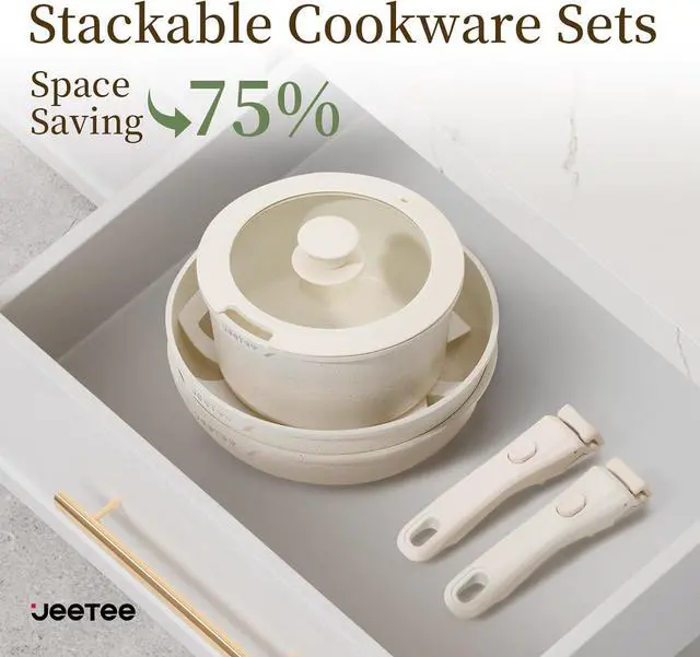 Alt view image 6 of 7 - JEETEE Pots and Pans Set Non Stick 17pcs, Kitchen Cookware Sets with Detachable Handle, Induction Nonstick Cookware Set with Removable Handle, Stackable RV Cookware, Oven Safe, PFAS/PFOA Free, Beige