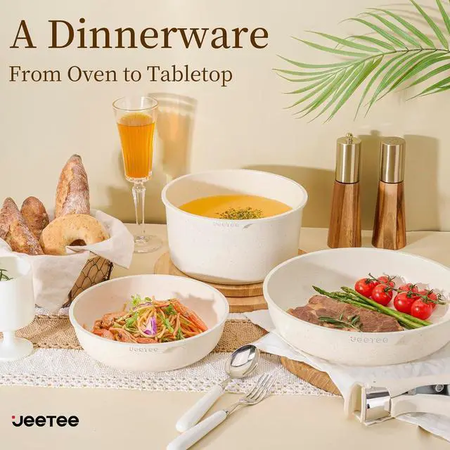 Alt view image 2 of 7 - JEETEE Pots and Pans Set Non Stick 17pcs, Kitchen Cookware Sets with Detachable Handle, Induction Nonstick Cookware Set with Removable Handle, Stackable RV Cookware, Oven Safe, PFAS/PFOA Free, Beige