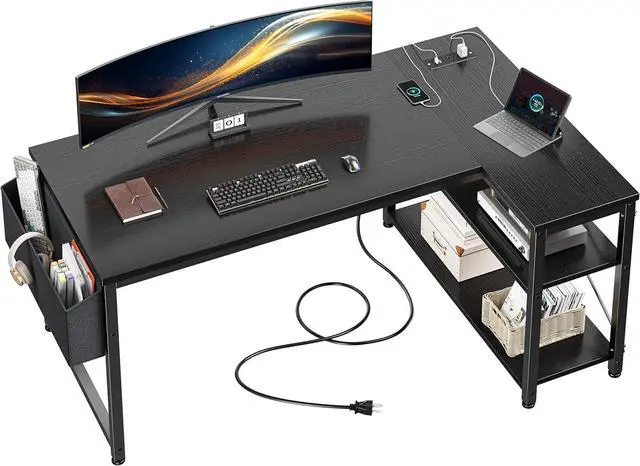 Main image of EnHomee 48" Computer Desk with Power Outlets,L Shaped Desk with Storage Shelves,Home Offic Corner Desk for Work,Writing Study Desk with Gaming Desk for Bedroom Office Dorm,Black