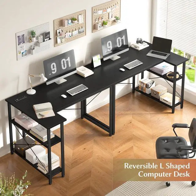 Alt view image 4 of 7 - EnHomee 48" Computer Desk with Power Outlets,L Shaped Desk with Storage Shelves,Home Offic Corner Desk for Work,Writing Study Desk with Gaming Desk for Bedroom Office Dorm,Black