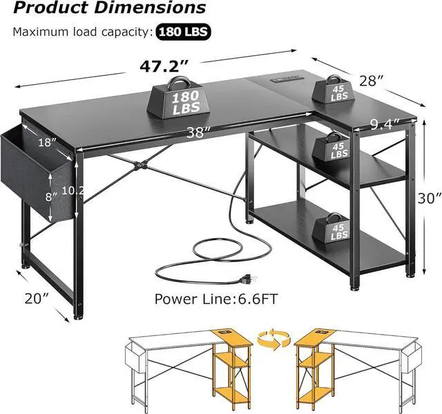 Alt view image 3 of 7 - EnHomee 48" Computer Desk with Power Outlets,L Shaped Desk with Storage Shelves,Home Offic Corner Desk for Work,Writing Study Desk with Gaming Desk for Bedroom Office Dorm,Black