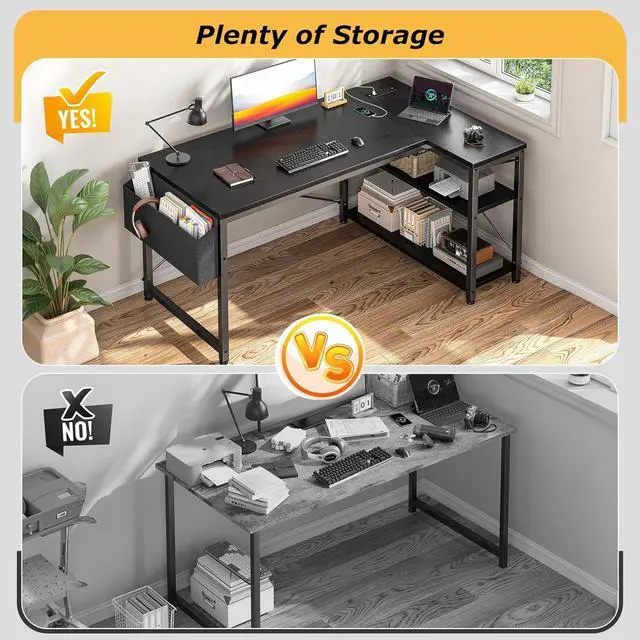 Alt view image 6 of 7 - EnHomee 48" Computer Desk with Power Outlets,L Shaped Desk with Storage Shelves,Home Offic Corner Desk for Work,Writing Study Desk with Gaming Desk for Bedroom Office Dorm,Black