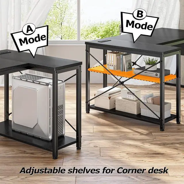 Alt view image 5 of 7 - EnHomee 48" Computer Desk with Power Outlets,L Shaped Desk with Storage Shelves,Home Offic Corner Desk for Work,Writing Study Desk with Gaming Desk for Bedroom Office Dorm,Black