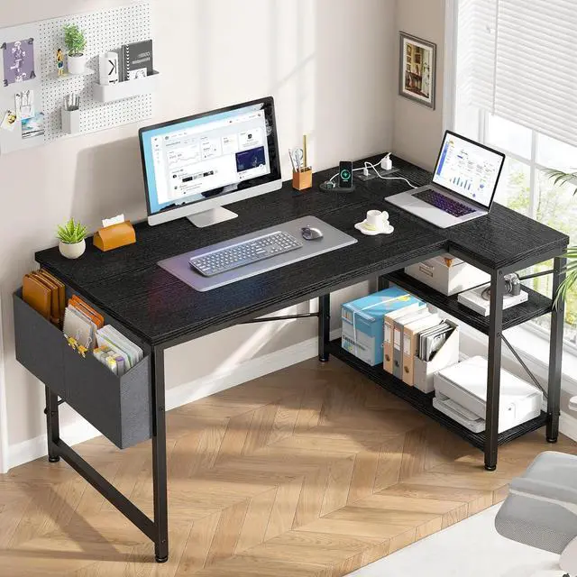 Alt view image 2 of 7 - EnHomee 48" Computer Desk with Power Outlets,L Shaped Desk with Storage Shelves,Home Offic Corner Desk for Work,Writing Study Desk with Gaming Desk for Bedroom Office Dorm,Black