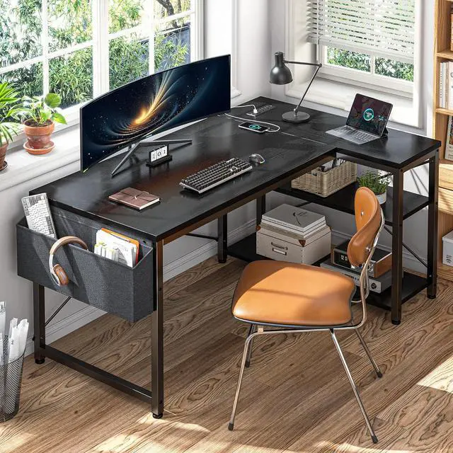 Alt view image 7 of 7 - EnHomee 48" Computer Desk with Power Outlets,L Shaped Desk with Storage Shelves,Home Offic Corner Desk for Work,Writing Study Desk with Gaming Desk for Bedroom Office Dorm,Black