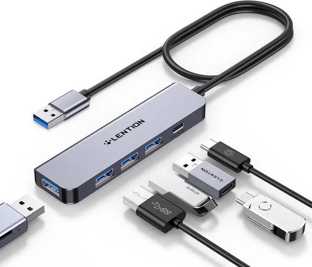 Main image of LENTION 2ft USB-A3.0 Hub,USB Extender 4*USB A 3.0+5V/3A Type C Power Supply