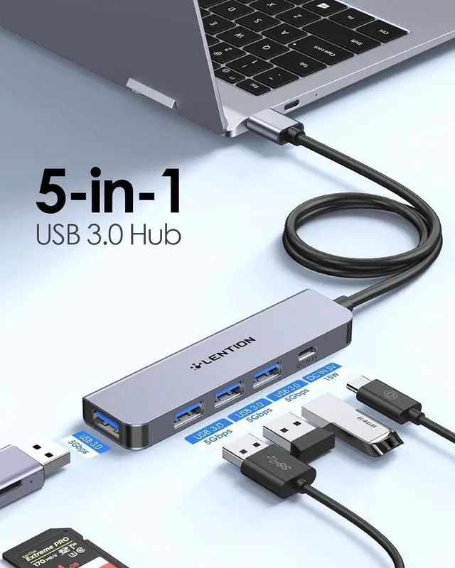 Alt view image 2 of 6 - LENTION 2ft USB-A3.0 Hub,USB Extender 4*USB A 3.0+5V/3A Type C Power Supply
