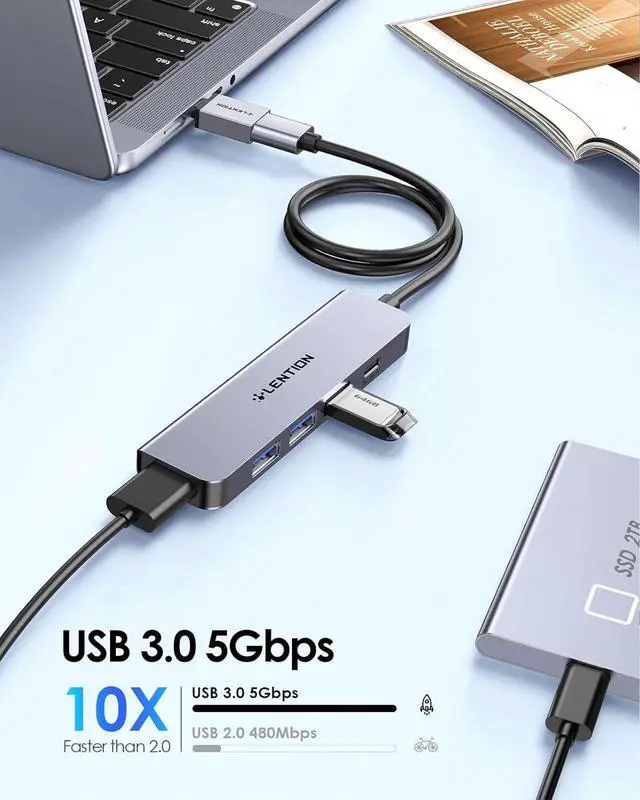 Alt view image 3 of 6 - LENTION 2ft USB-A3.0 Hub,USB Extender 4*USB A 3.0+5V/3A Type C Power Supply