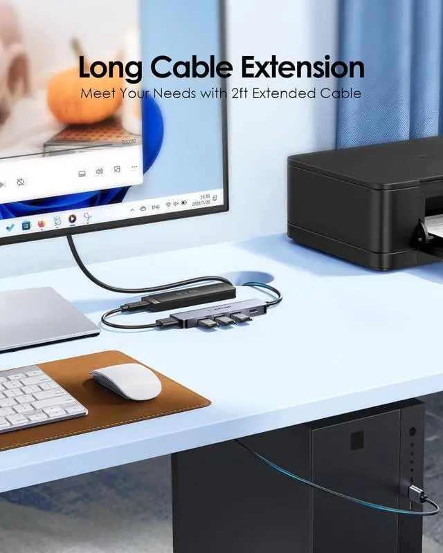 Alt view image 5 of 6 - LENTION 2ft USB-A3.0 Hub,USB Extender 4*USB A 3.0+5V/3A Type C Power Supply