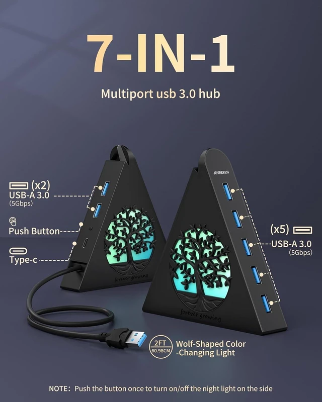 Alt view image 4 of 7 - 7-Port USB 3.0 Hub Vertical USB Hub Splitter with RGB Lighting 5Gbps High-Speed Data Transfer and 2FT Extension Cable Compatible with Laptop PC Desktop MacBook Flash Drive