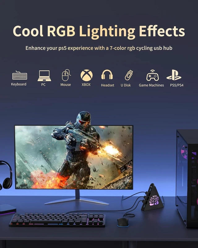 Alt view image 3 of 7 - 7-Port USB 3.0 Hub Vertical USB Hub Splitter with RGB Lighting 5Gbps High-Speed Data Transfer and 2FT Extension Cable Compatible with Laptop PC Desktop MacBook Flash Drive