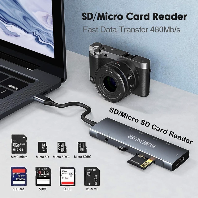 Alt view image 6 of 7 - USB C Hub, HUBFINDER 9 in 1 USBC to HDMI with 4K, 100W Power Delivery, 3 USB3.0 and USB-C 5 Gbps Data Ports, SD/TF Card Reader, 3.5mm Headphone Jack, for MacBook Air, MacBook Pro,iPad Pro