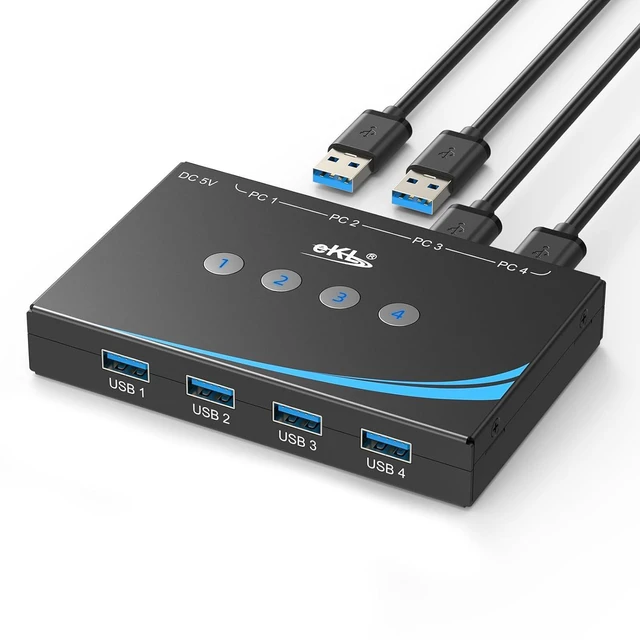 Main image of eKL USB 3.0 Switch 4 Computers Sharing 4 USB Peripheral Devices Switcher Hub for PC Laptop Mouse Keyboard Scanner Printer with 3.5mm Headphone Jack and One Button Swapping