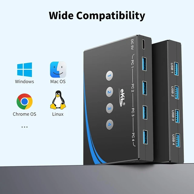 Alt view image 7 of 7 - eKL USB 3.0 Switch 4 Computers Sharing 4 USB Peripheral Devices Switcher Hub for PC Laptop Mouse Keyboard Scanner Printer with 3.5mm Headphone Jack and One Button Swapping