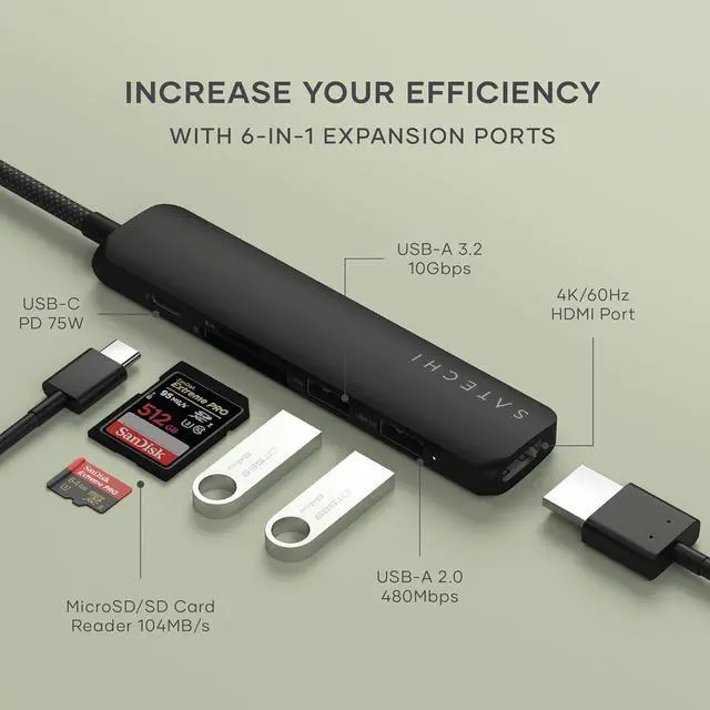 Alt view image 2 of 7 - Satechi 6 in 1 USB C Hub Multiport Adapter with HDMI 4K@60Hz, 100W PD Charging, 2X USB-A Data Ports, Micro/SD Card Readers for MacBook Air/Pro/Neo, iPad Air/Pro, Windows Black