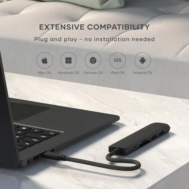 Alt view image 6 of 7 - Satechi 6 in 1 USB C Hub Multiport Adapter with HDMI 4K@60Hz, 100W PD Charging, 2X USB-A Data Ports, Micro/SD Card Readers for MacBook Air/Pro/Neo, iPad Air/Pro, Windows Black