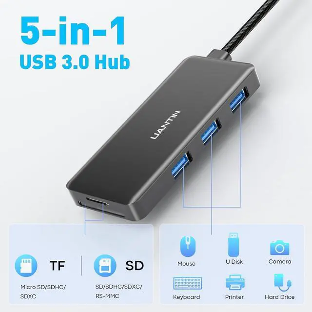 Alt view image 2 of 7 - UANTIN USB Hub for Laptop | 5-Port USBA Splitter with 3*USB-A 3.0 and SD/TF Card Reader 2FT Braided Nylon Cable, Multi-Port USB Extender for PC, MacBook, Mac mini, Surface, Desktop