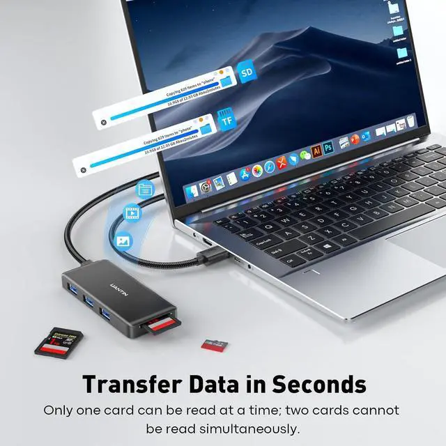 Alt view image 4 of 7 - UANTIN USB Hub for Laptop | 5-Port USBA Splitter with 3*USB-A 3.0 and SD/TF Card Reader 2FT Braided Nylon Cable, Multi-Port USB Extender for PC, MacBook, Mac mini, Surface, Desktop
