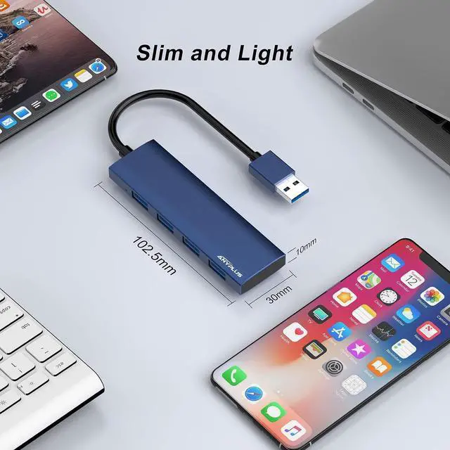 Alt view image 7 of 7 - USB Hub, USB 3.0 Hub Aluminum Alloy Ultra Slim USB Splitter, Portable 4 Port USB Extender, USB Hub for Laptop, PC, MacBook, iMac, Surface Pro, Mac Pro, Flash Drive, XPS Blue